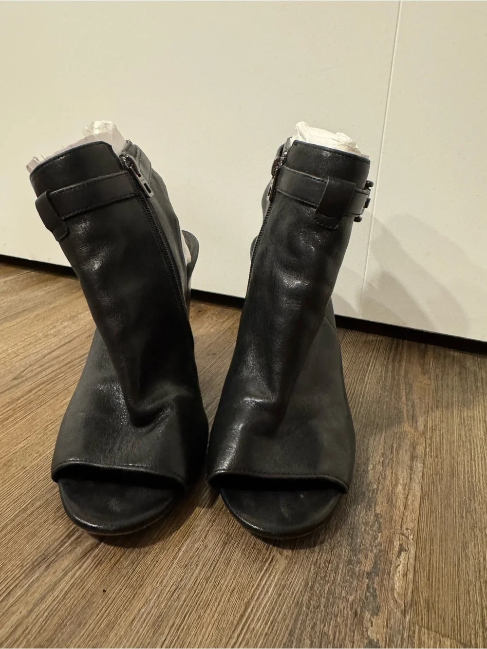 Coach Black Leather Open-Toe Ankle Booties with Buckle